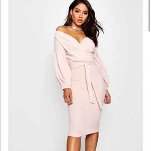 Off The Shoulder Wrap Midi Bodycon Dress